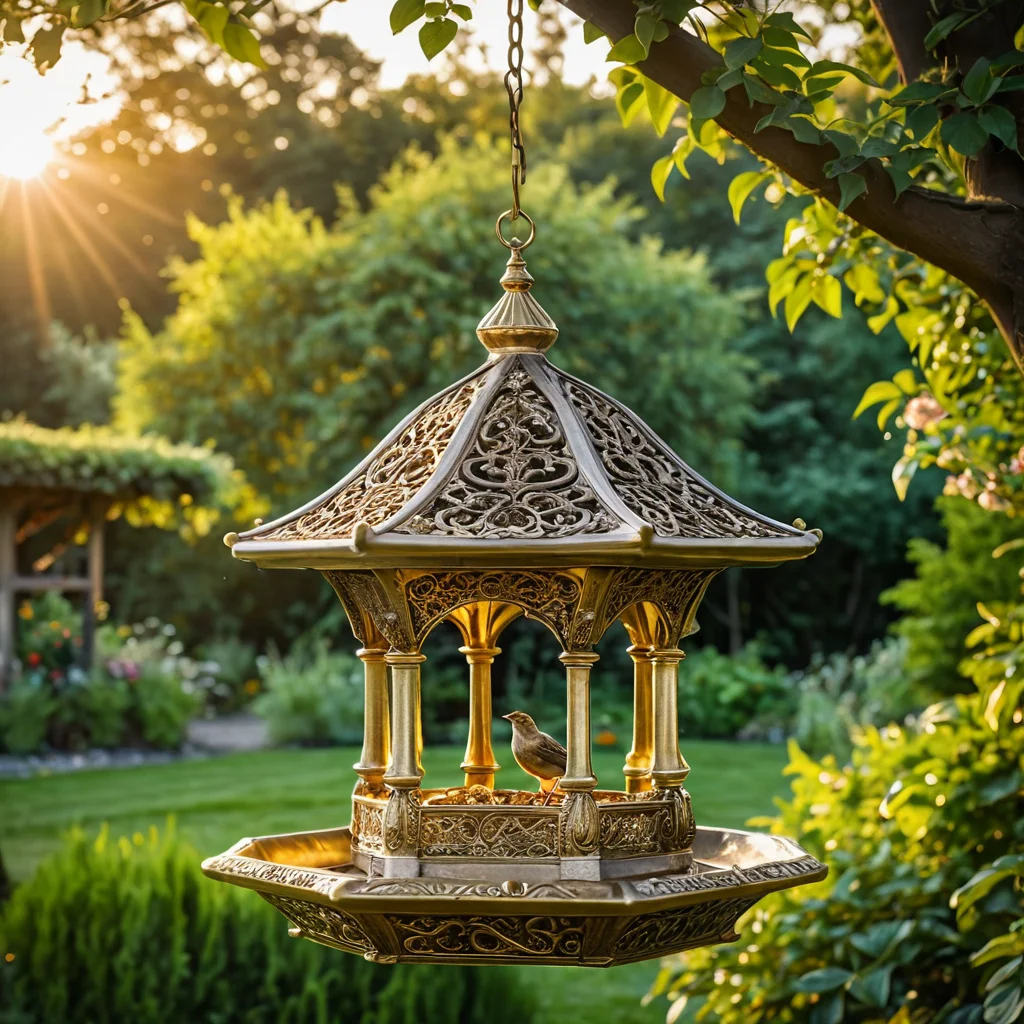 Детальная фотография изящной, богато украшенной кормушки для птиц, выполненной из натуральных материалов и подвешенной в саду, создающей атмосферу птичьего ресторана.