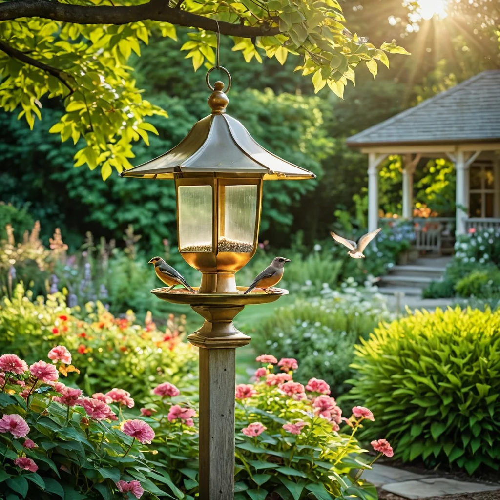 Живописный сад, освещенный солнечным светом, с кормушкой для птиц, наполненный яркими цветами и зеленью, демонстрирующий гармонию природы и приглашающий пернатых гостей.