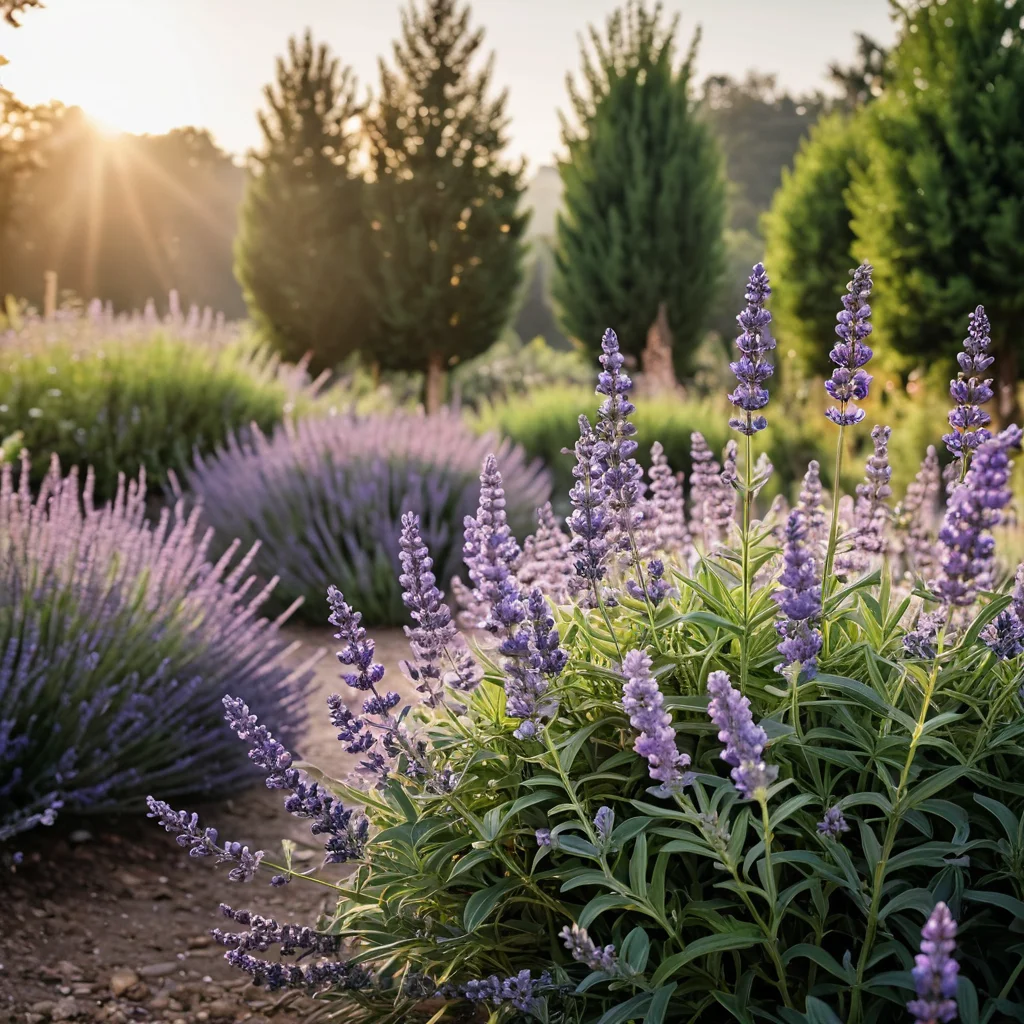 Крупный план ароматных кустов лаванды с нежными фиолетовыми лепестками, окутанных легким туманом аромата, освещенных солнечным светом. Акцент на обонянии в 'Саду пяти чувств'.