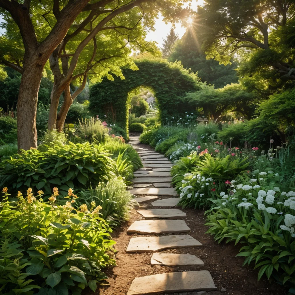 Безмятежный сад-убежище, манящая тропинка, утопающая в зелени, с мягким солнечным светом, создающим атмосферу умиротворения и чуда. Визуализация концепции 'Сад пяти чувств'.