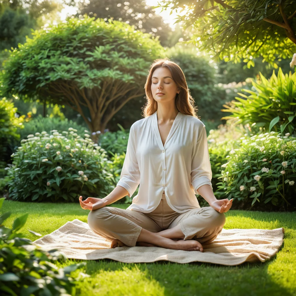 Человек, медитирующий в безмятежном саду, ощущая спокойствие и связь с природой под легким дуновением ветра. Изображение, отражающее положительное влияние 'Сада пяти чувств' на эмоции.