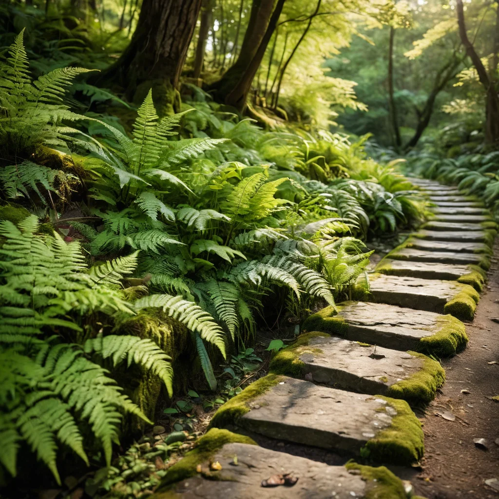 Рука, нежно касающаяся мшистой каменной дорожки, контрастируя с шершавой корой деревьев и мягкими листьями папоротника. Визуализация тактильных ощущений в 'Саду пяти чувств'.