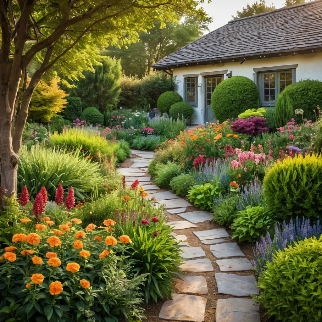 Яркая цветочная клумба с разнообразными текстурами и гармоничной палитрой цветов, демонстрирующая визуальную гармонию и тщательно продуманный дизайн 'Сада пяти чувств'.