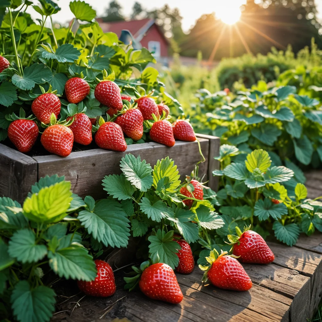 Спелая клубника и свежие травы, растущие на грядке в саду, готовые к сбору урожая. Яркие цвета и аппетитный вид символизируют вкусовые нотки 'Сада пяти чувств'.