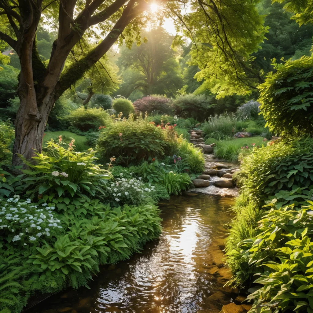 Тихий ручей, протекающий через пышный сад, где на ветвях поют птицы, а листья шелестят на ветру, создавая умиротворяющий звуковой пейзаж. Иллюстрация для раздела о звуках природы в 'Саду пяти чувств'.