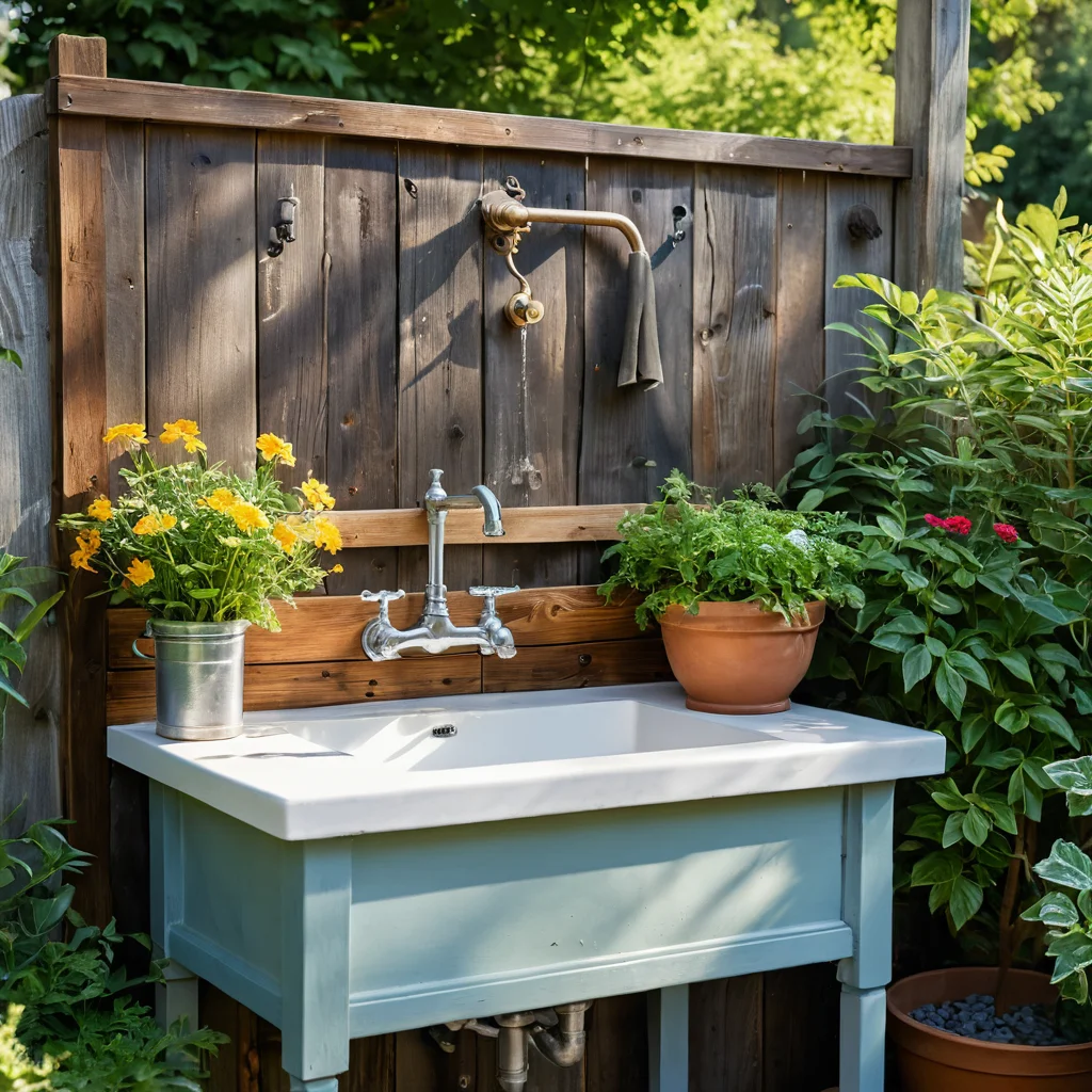 Набор материалов и инструментов, таких как старое дерево, оцинкованный таз, винтажный кран и крепления, аккуратно разложенные для создания долговечной конструкции самодельного рукомойника.