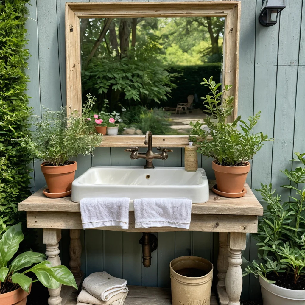 Красиво декорированный деревенский рукомойник с горшечными травами, винтажной мыльницей и льняным полотенцем, демонстрирующий идеи украшения и функциональные дополнения для завершенного образа дачного уголка.