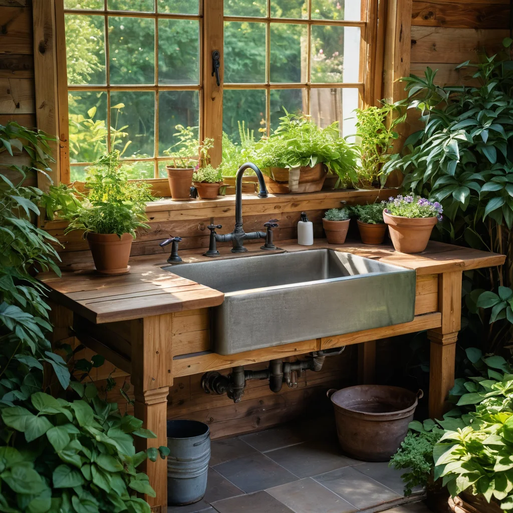 Аккуратный деревенский рукомойник в саду, ухоженный и крепкий, символизирующий важность правильного ухода и предотвращения распространенных ошибок для его долговечности на даче.