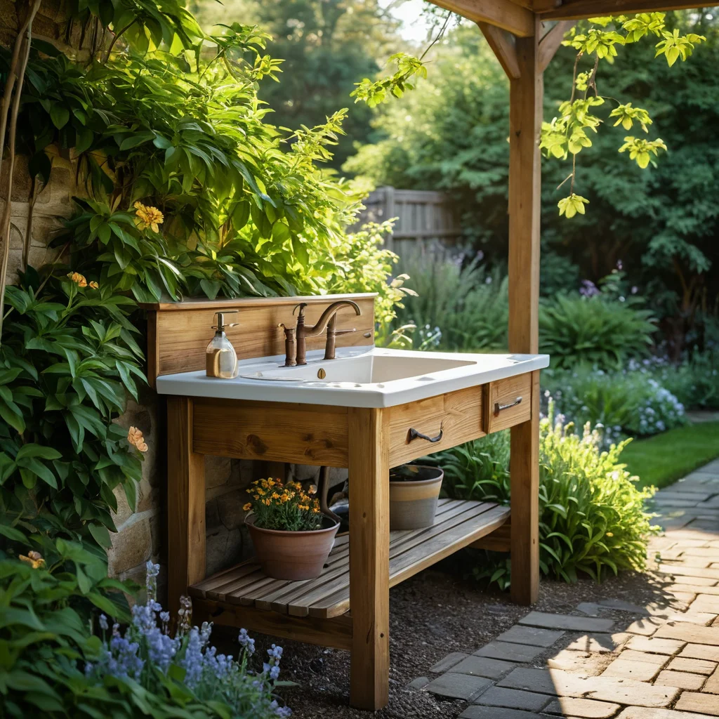 Счастливый человек моет руки в полностью готовом, уникальном самодельном рукомойнике в деревенском стиле, наслаждаясь комфортом и свежестью на своей даче.