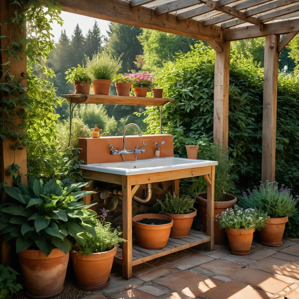 Уютный самодельный рукомойник в деревенском стиле, гармонично вписанный в дачный сад, демонстрирующий удобство и комфорт использования на свежем воздухе.