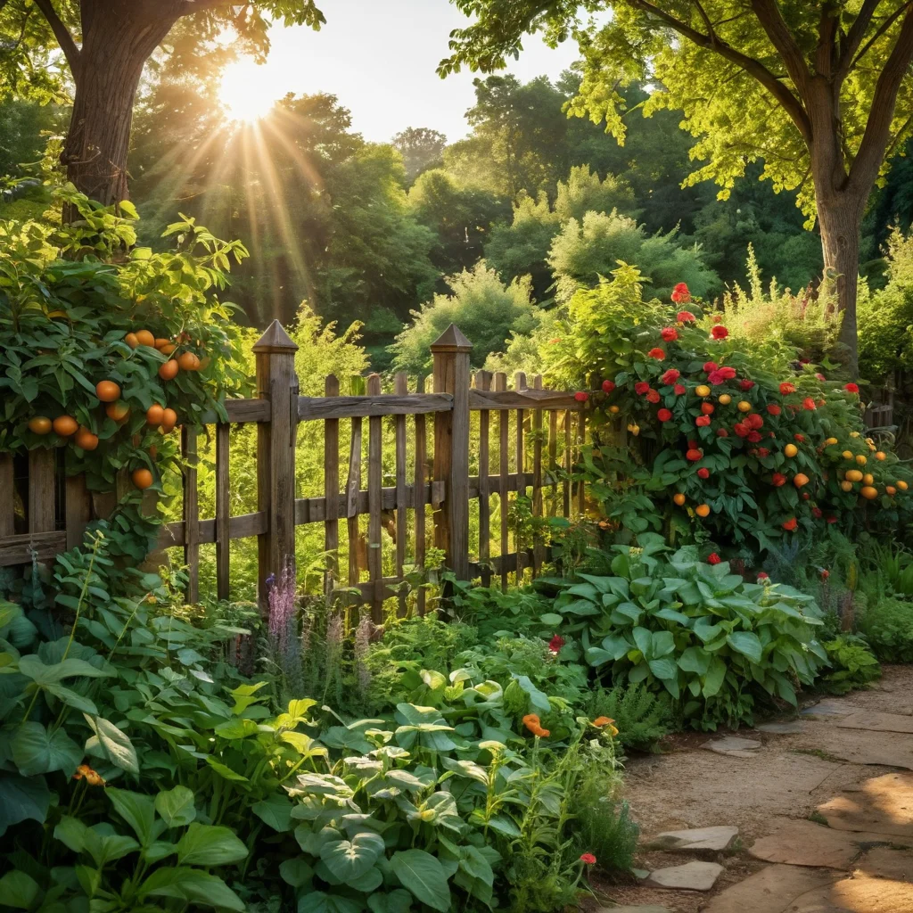 Фотореалистичное изображение уютного сада с пышным, съедобным забором, украшенным разнообразными ягодами, овощами и ароматными травами, залитое теплым солнечным светом.