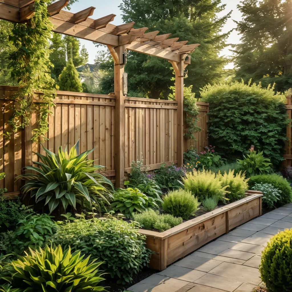 Фотореалистичное изображение конструкции деревянного съедобного забора в процессе создания: каркас, шпалеры, ящики для посадки, садовые инструменты и грунт, демонстрирующие прочную основу.