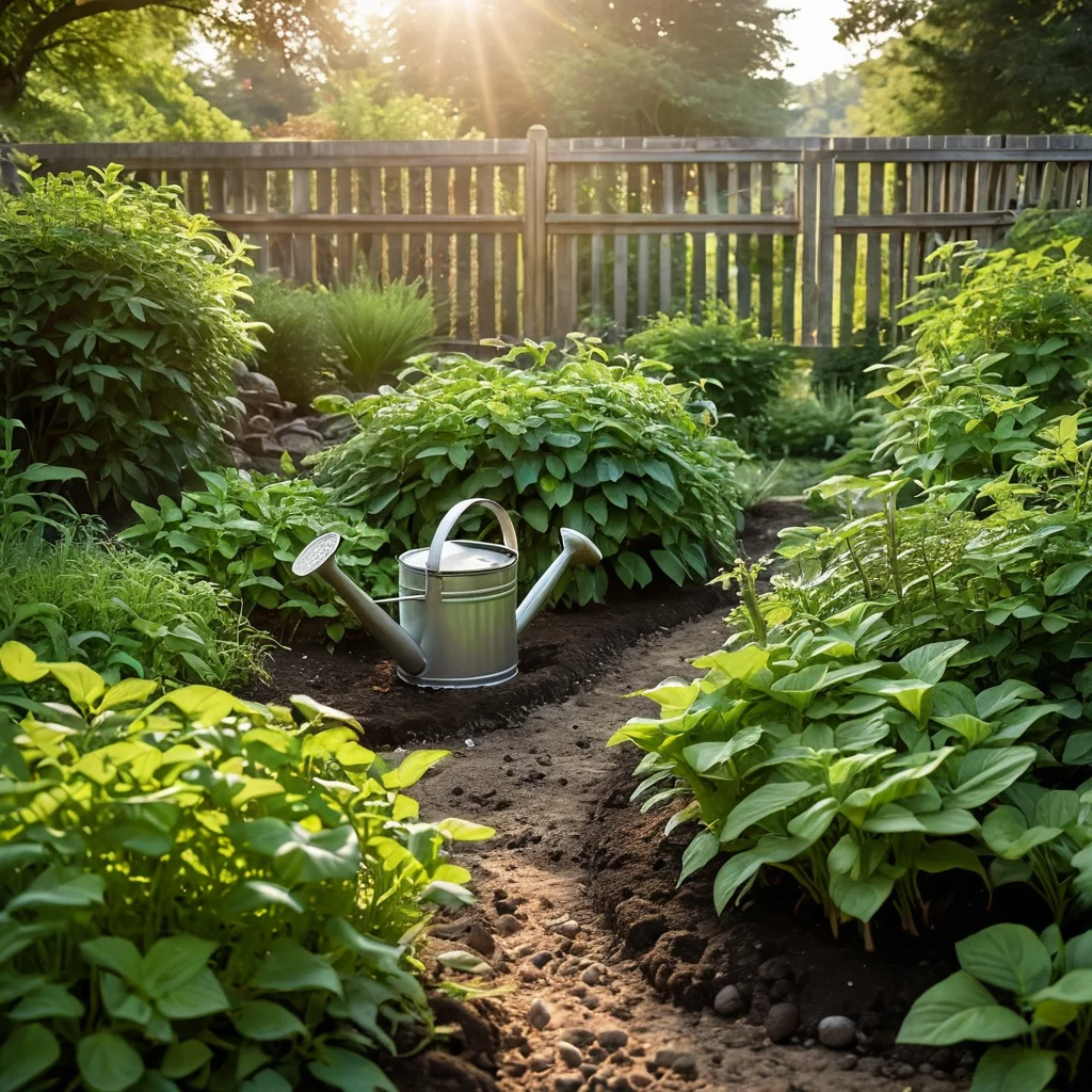 Фотореалистичное изображение рук, сажающих рассаду овощей и кустарников для съедобного забора, с использованием лейки и садового совка, показывающее процесс формирования и ухода.