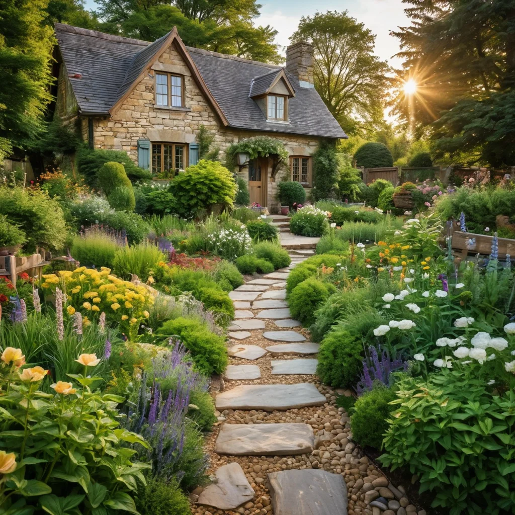 Фотореалистичный снимок живописного сада, где съедобный забор гармонично вписан в ландшафтный дизайн, с каменной дорожкой, цветочными клумбами и уютной зоной отдыха.