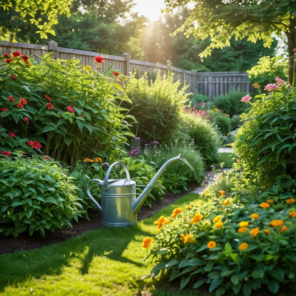 Фотореалистичное изображение садовода, поливающего съедобный забор из лейки и опрыскивающего растения средством от вредителей, на фоне здоровой, блестящей листвы под солнечными лучами.