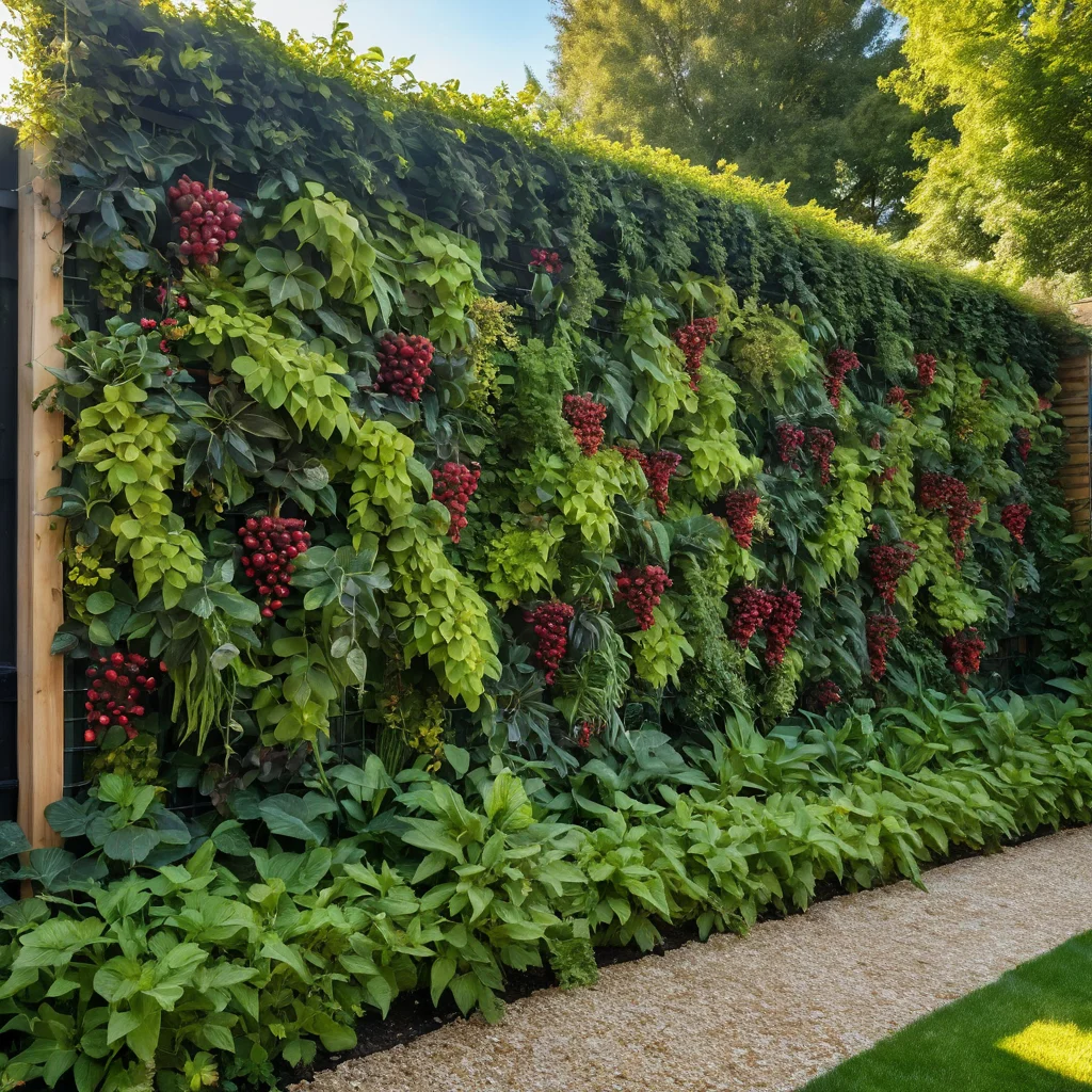 Фотореалистичное изображение вертикального съедобного забора, представляющего собой живую изгородь с каскадами ягод, стручками фасоли и пышной зеленью, в современном садовом дизайне.