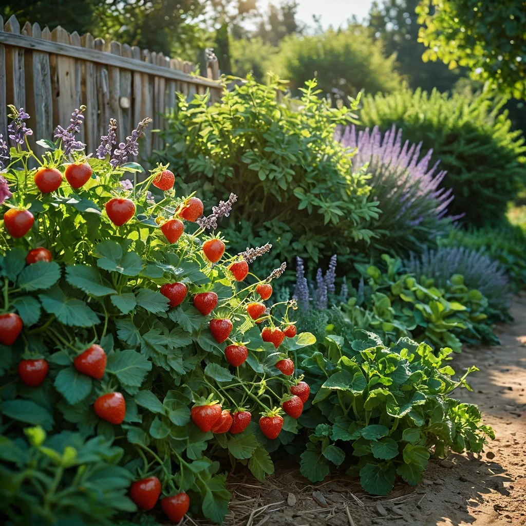 Фотореалистичный крупный план растений для съедобного забора: спелая клубника, помидоры черри, куст розмарина, веточки лаванды и листья кейла на фоне зеленой листвы.