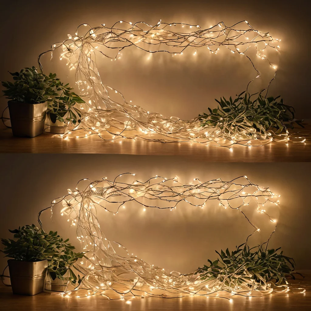 Разделенное изображение: слева - спутанные дешевые гирлянды, справа - аккуратно расположенные, создающие уютную атмосферу. Демонстрация частых ошибок при заказе декора с AliExpress.