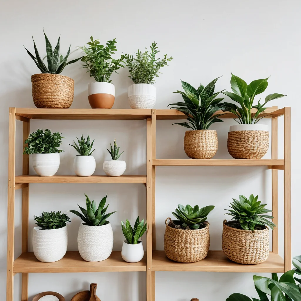 Крупный план аккуратно организованной полки с доступным декором для дома с AliExpress: плетеные корзины, керамические вазы, искусственные растения, минималистичный стиль.