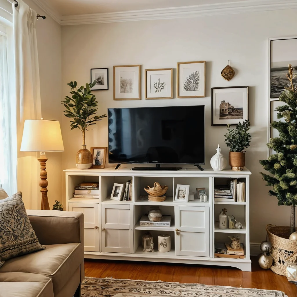 Угловатое пространство гостиной с захламленным и дешево выглядящим декором, некачественные пластиковые украшения, устаревший стиль, неудачные покупки с AliExpress.