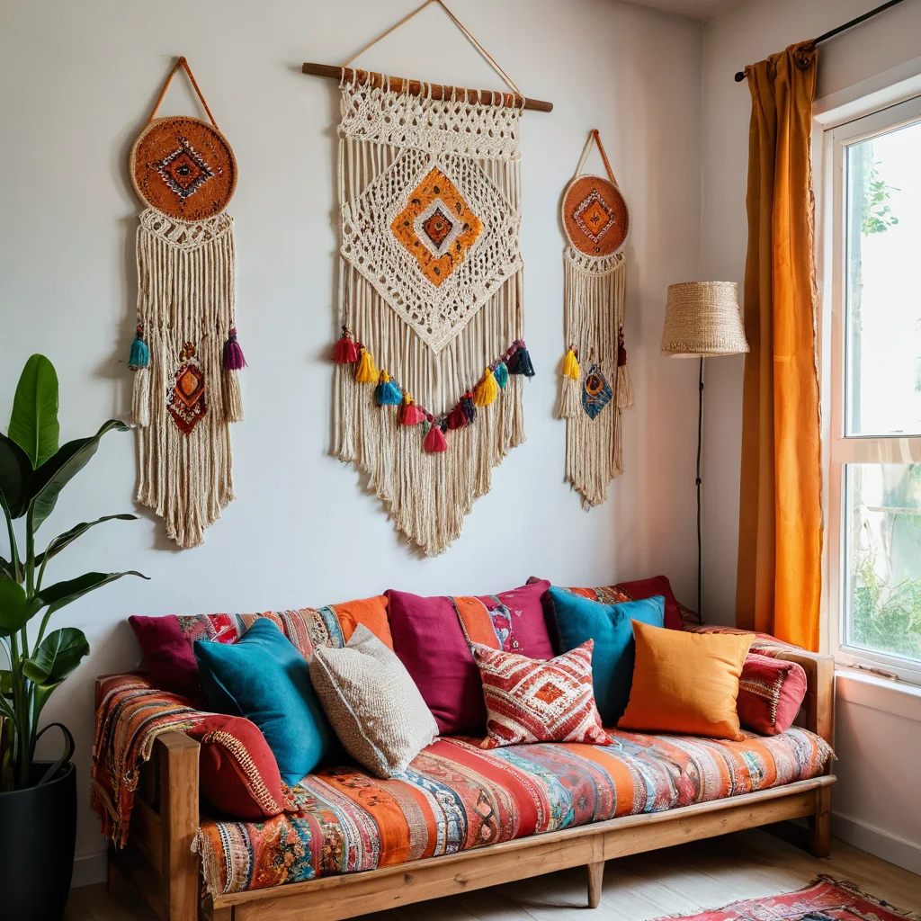 Эклектичная гостиная в стиле бохо с уникальным и необычным настенным декором с AliExpress: макраме, зеркало в винтажном стиле, яркие текстильные элементы.