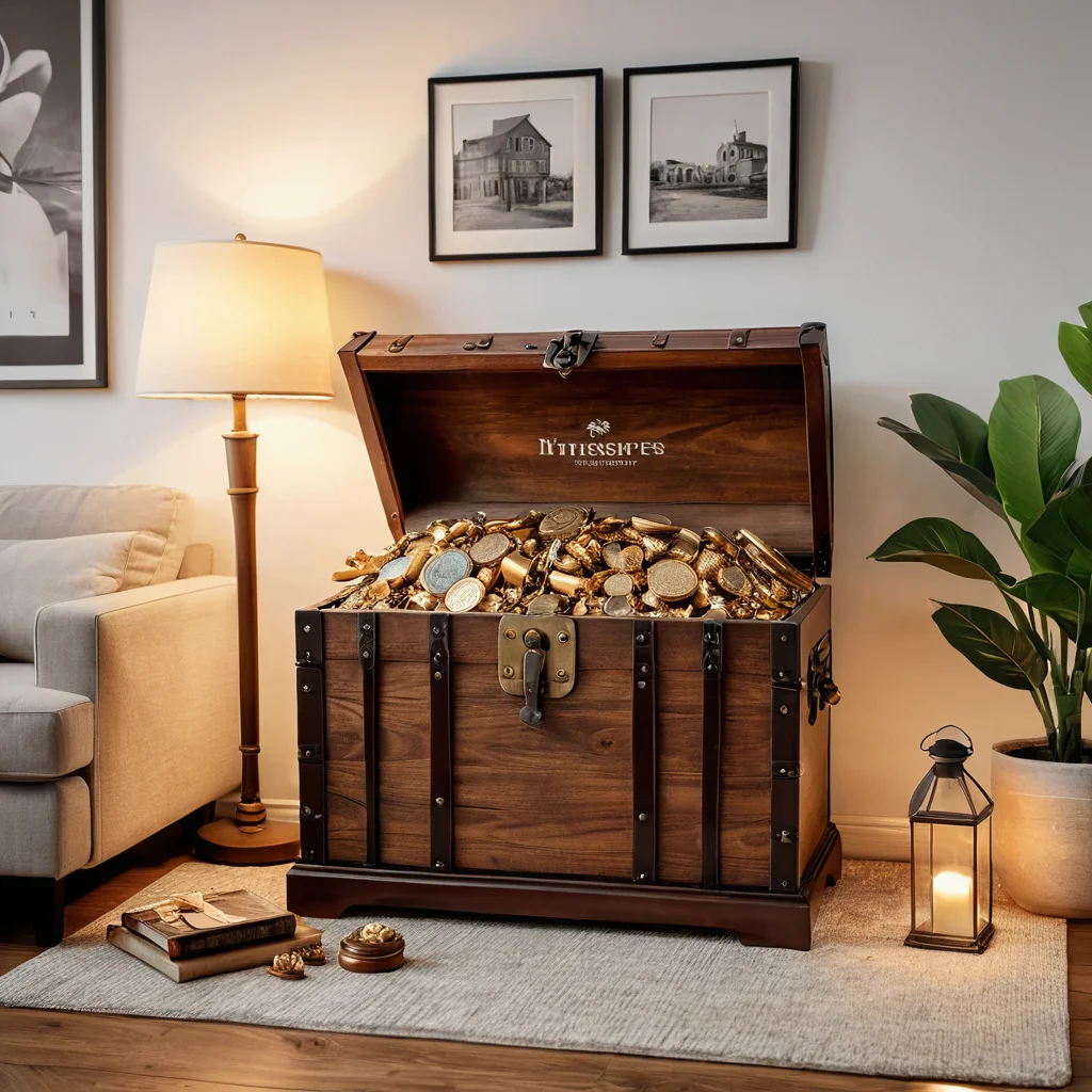 Стильный интерьер квартиры с бюджетным декором и элементами DIY, сундук с сокровищами, полным доступных предметов декора для дома, атмосферное освещение, детализированное изображение.