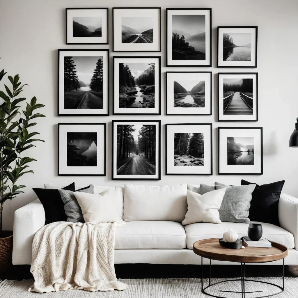 Галерейная стена в гостиной с искусно расположенными разнообразными семейными фотографиями – черно-белыми и цветными, в рамках и без, в эклектичном стиле.