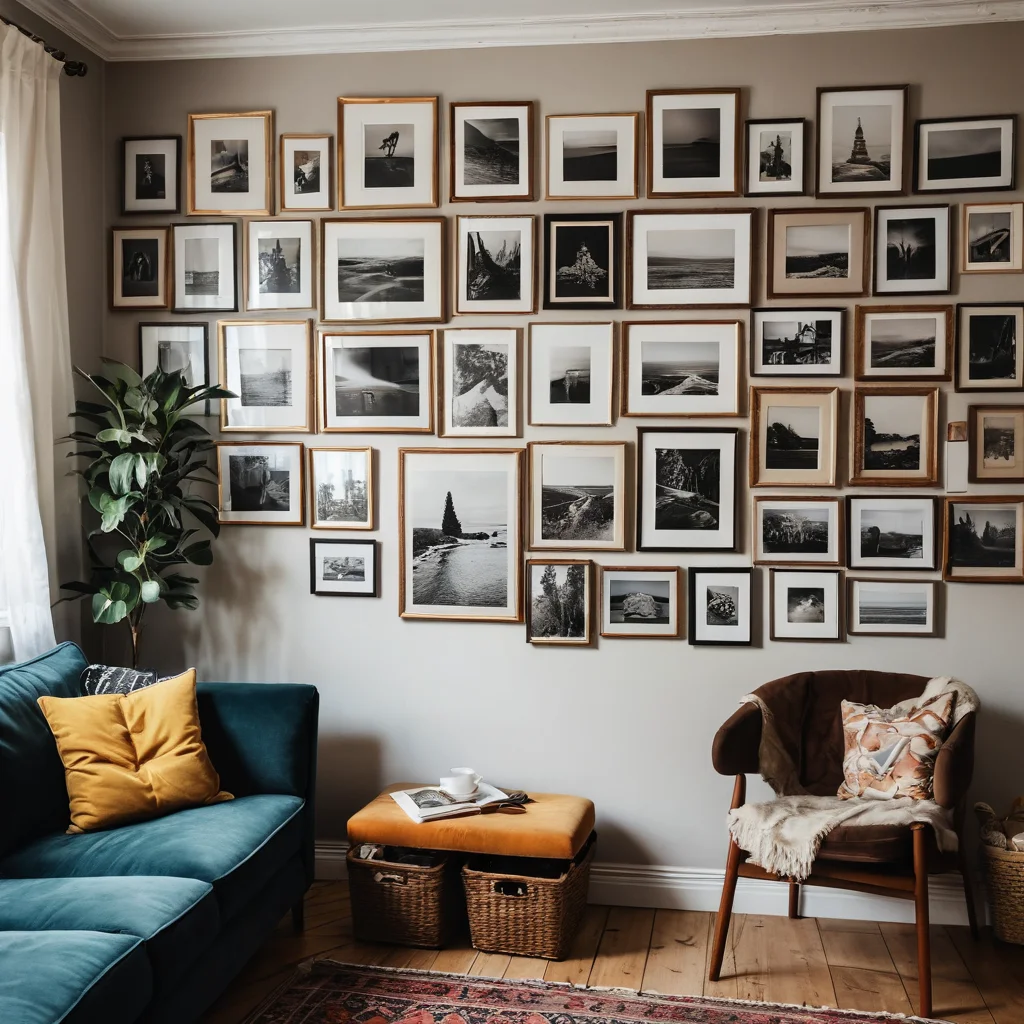 Захламленная стена с хаотично развешанными семейными фотографиями в несочетающихся рамках, создающая ощущение беспорядка и отсутствия фокуса – типичная ошибка в оформлении.