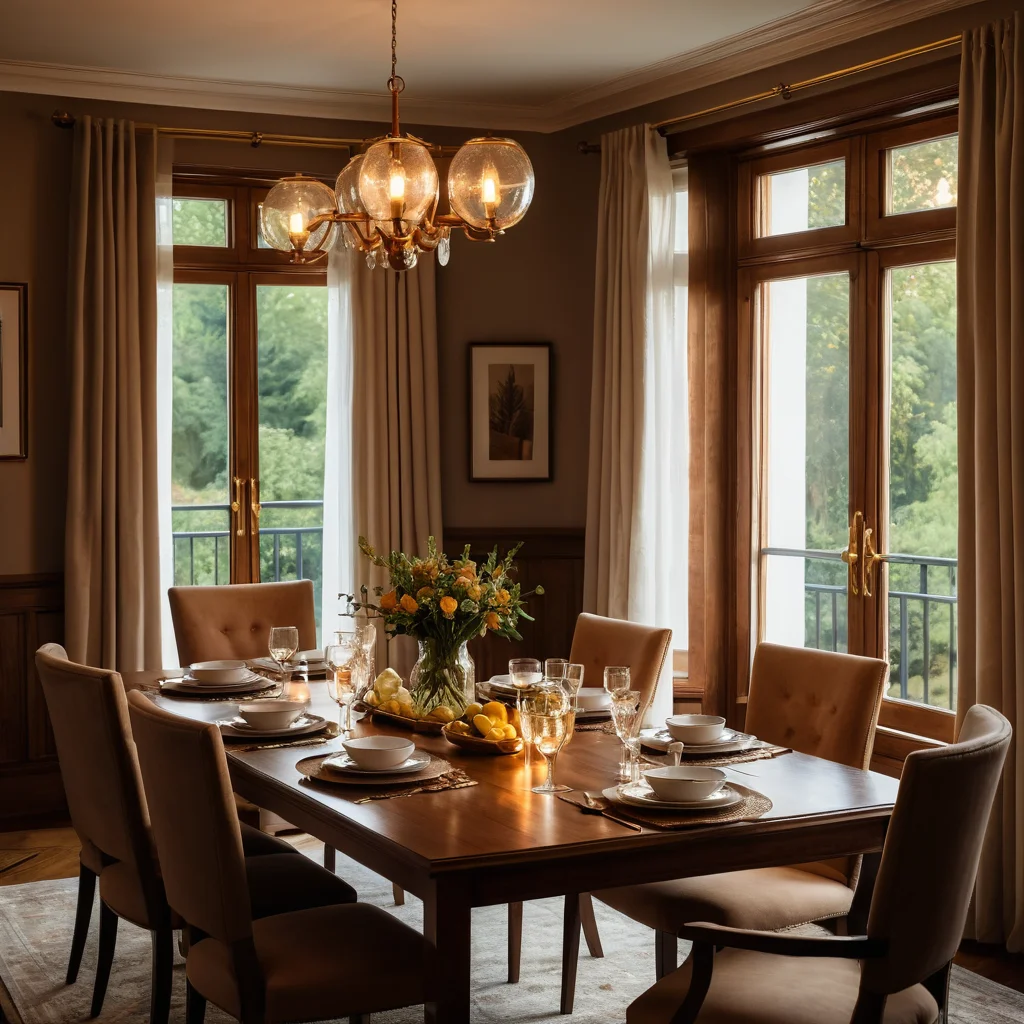 Обеденная комната с теплым направленным светом, акцентирующим семейную фотографию, в окружении насыщенных деревянных тонов и элегантного убранства.
