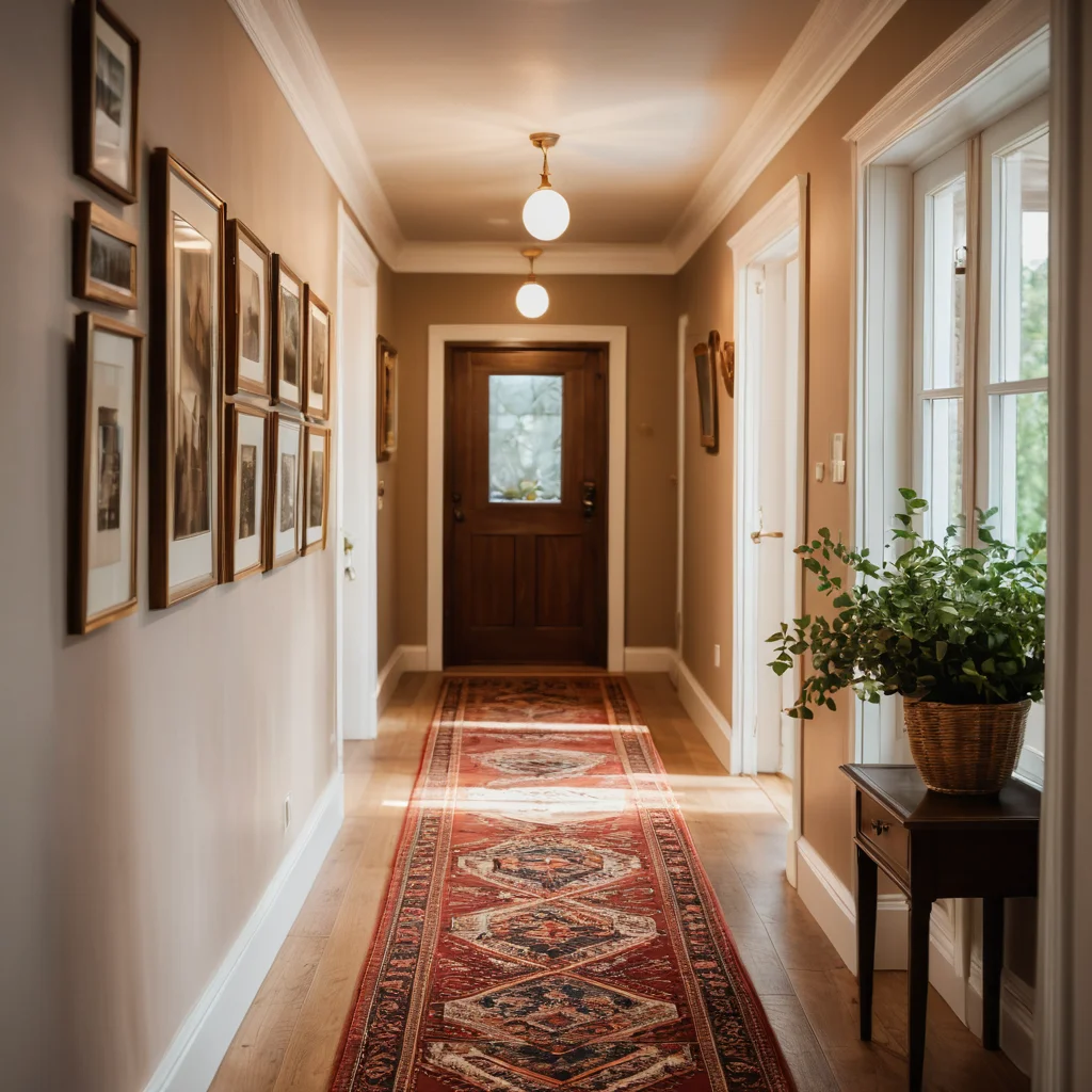 Коридор с развешанными в рамках семейными портретами, освещенными теплым светом, вызывающими эмоциональную связь и ностальгические воспоминания.