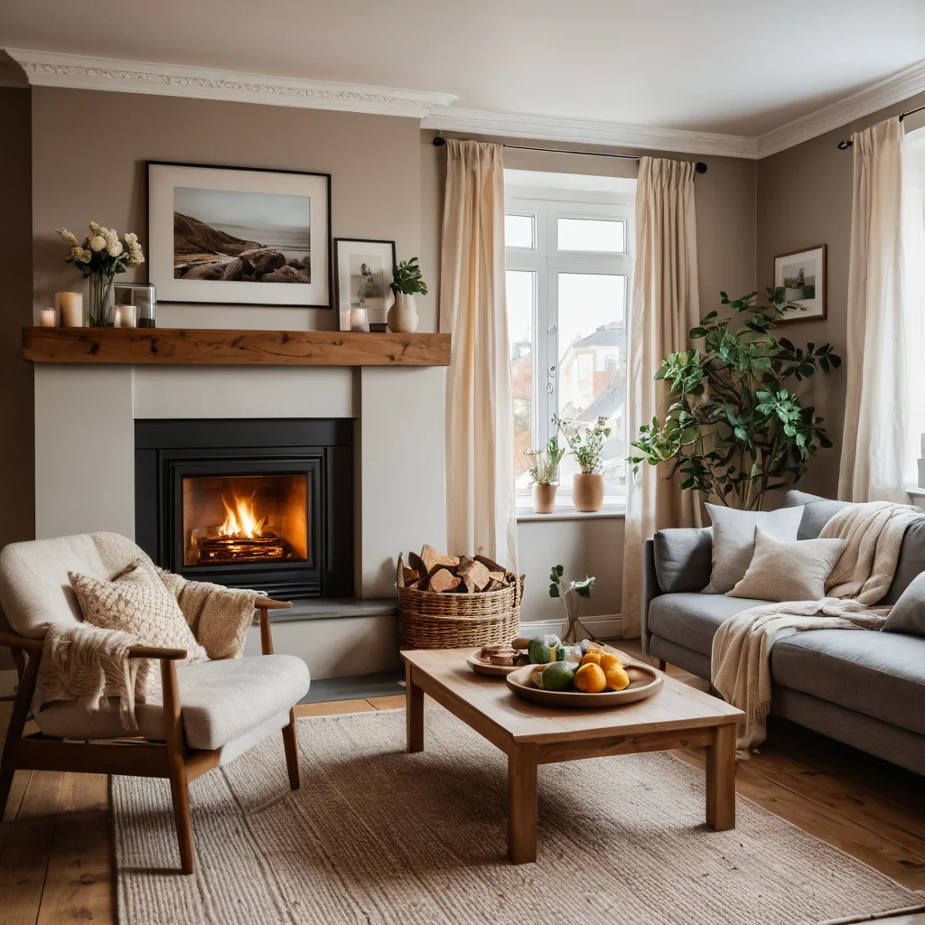 Уютная гостиная с теплыми тонами, на стенах развешаны семейные фотографии, создающие атмосферу дома и счастья.
