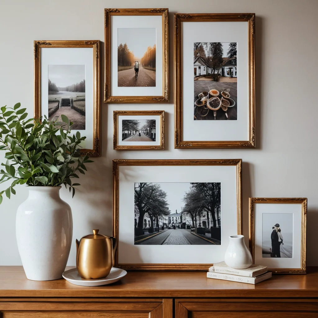 Крупный план различных фоторамок – деревянных, металлических, минималистичных и витиеватых – с семейными фотографиями внутри, демонстрирующих детали интерьерного дизайна.
