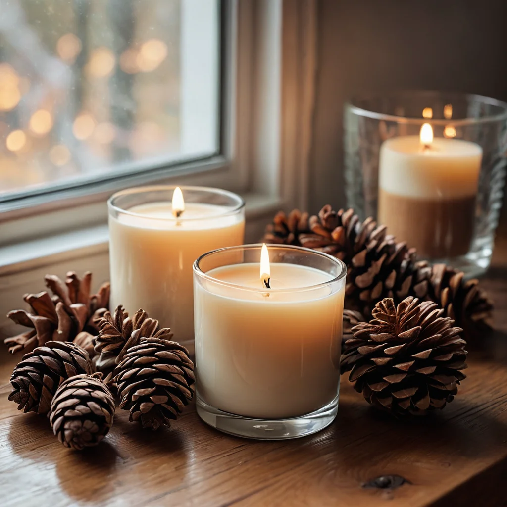 Горящая ароматическая свеча на фоне осеннего декора из шишек и палочек корицы, создающая чувственную атмосферу благодаря сочетанию света, аромата и текстур.