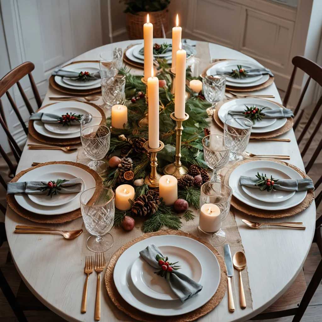 Идеально сервированный праздничный стол с видом сверху, демонстрирующий организованность, гармоничную цветовую палитру и элегантные детали для незабываемого торжества.