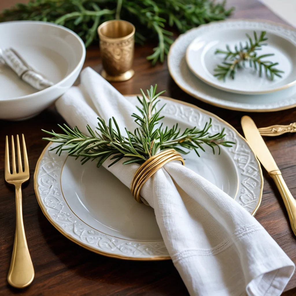 Макроснимок льняной салфетки, искусно сложенной и украшенной кольцом с веточкой розмарина, рядом с золотыми приборами, акцентирующий внимание на деталях сервировки.