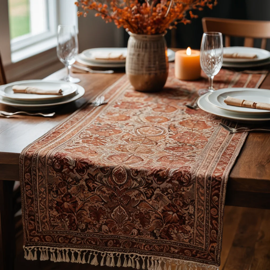 Крупный план льняного раннера с изысканным узором на праздничном столе, передающий ощущение домашнего уюта и тактильной роскоши.