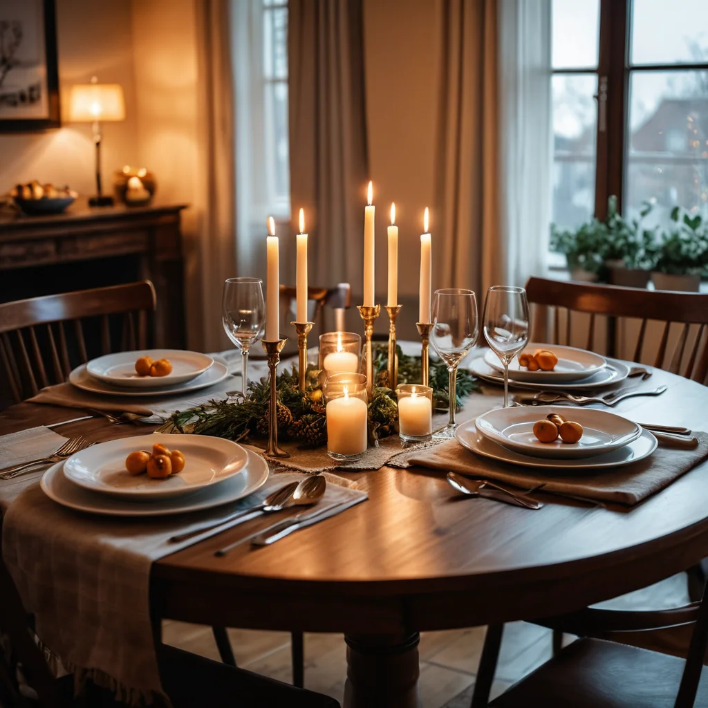 Элегантно сервированный стол, создающий уютную и предвкушающую атмосферу праздника, с теплым освещением и мягким фокусом.