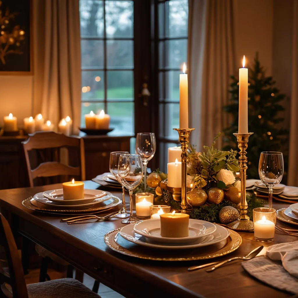 Теплый свет свечей, отбрасывающий мягкие тени на праздничный стол, создающий интимную атмосферу и усиливающий ощущение торжества.