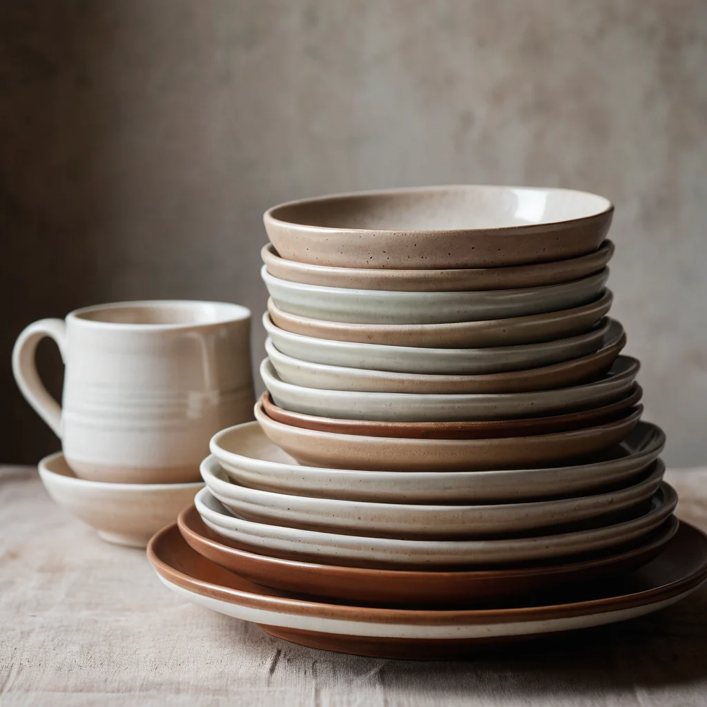 Стопка ремесленных керамических тарелок с органическими формами и естественными оттенками, демонстрирующая тактильную красоту и ручную работу.