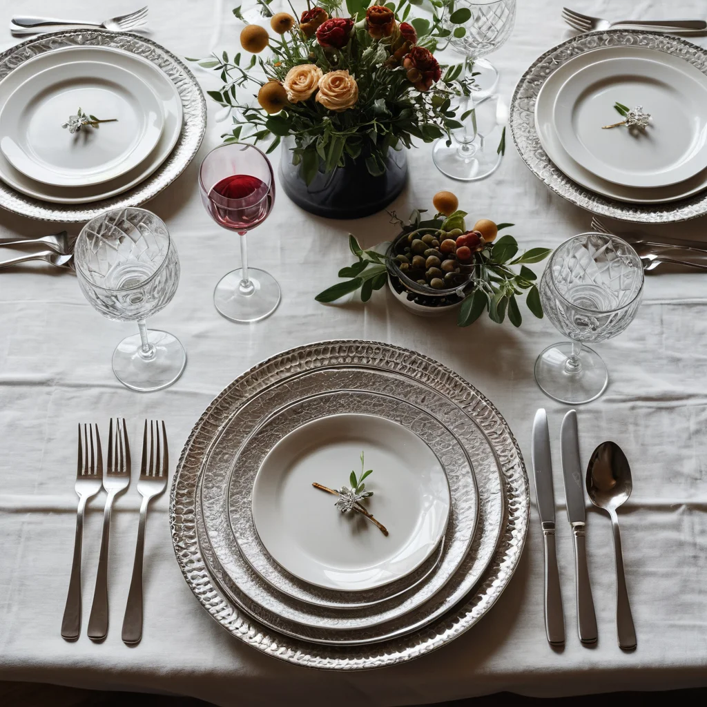 Вид сверху на безупречно расставленное место для обеда с винтажными приборами, хрустальными бокалами и слоями тарелок, демонстрирующий искусство композиции.