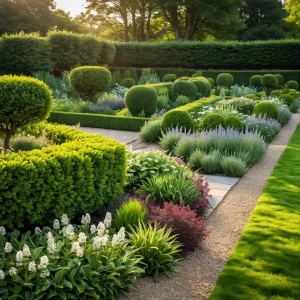 Эффектная шахматная клумба в современном саду, демонстрирующая геометрический узор из растений черных и белых оттенков, создающая striking contrast.
