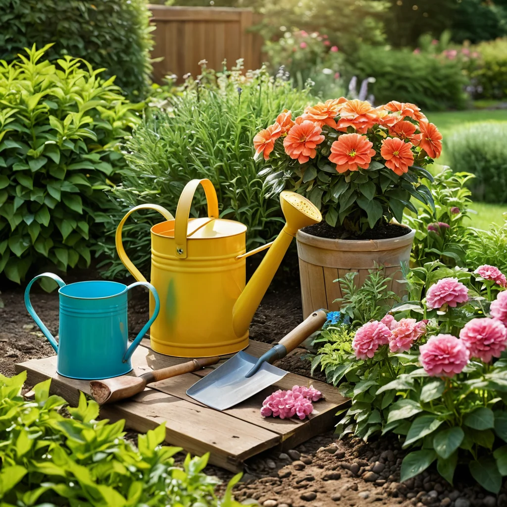 Набор садовых инструментов, готовых к работе по созданию шахматной клумбы: лопатка, лейка, перчатки и маркеры для растений, разложенные на земле.