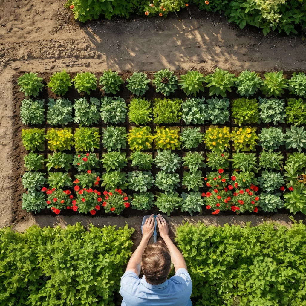 Садовод, создающий шахматную клумбу, с видом сверху, точно располагающий растения в геометрическом узоре на фоне подготовленной почвы.
