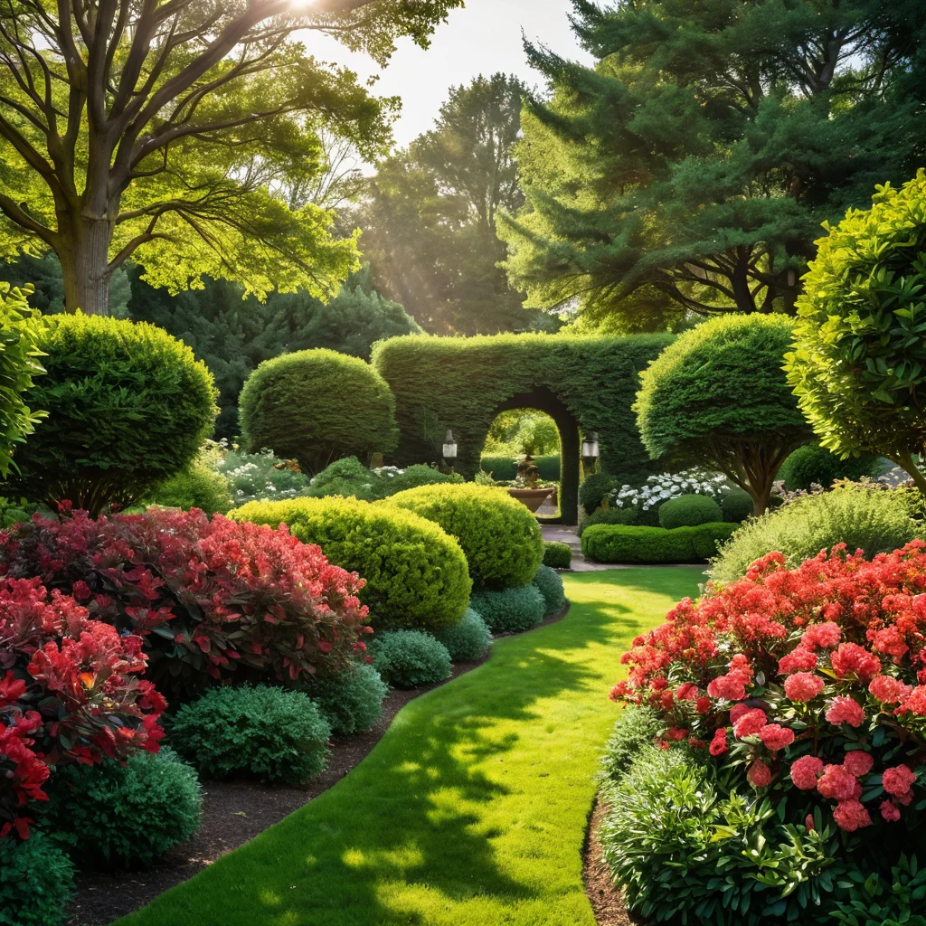 Ухоженная шахматная клумба летом: пышные кусты самшита и яркие цветы, демонстрирующие результат регулярного полива и сезонных работ.