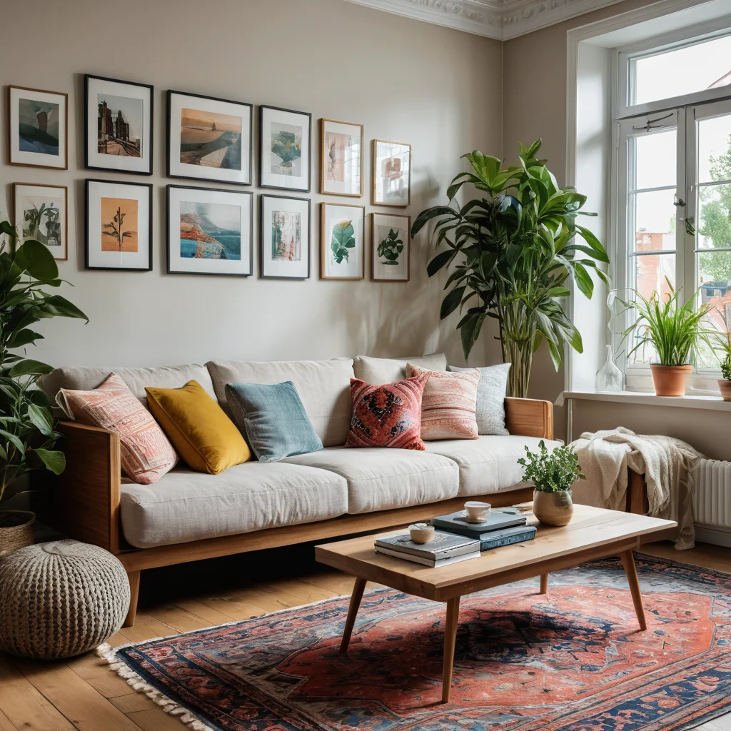 Эклектичная гостиная с асимметричным диваном, разнообразным декором, стопкой книг, подвесным растением и ярким ковром, создающими динамичную и артистичную композицию.