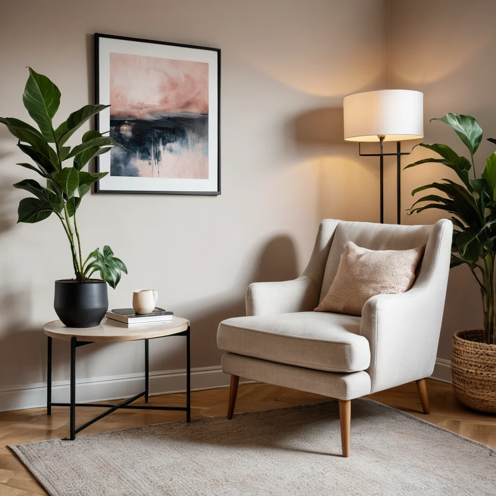 Уютный уголок гостиной с асимметричной расстановкой: большое кресло, небольшой столик с лампой, напольное растение и абстрактная картина на стене, создающие визуальный баланс.