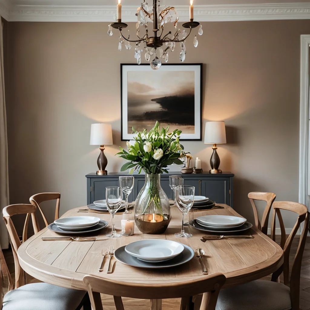 Классическая столовая с идеально симметричной сервировкой стола: два подсвечника по краям, ваза в центре, создающая ощущение порядка и торжественности.