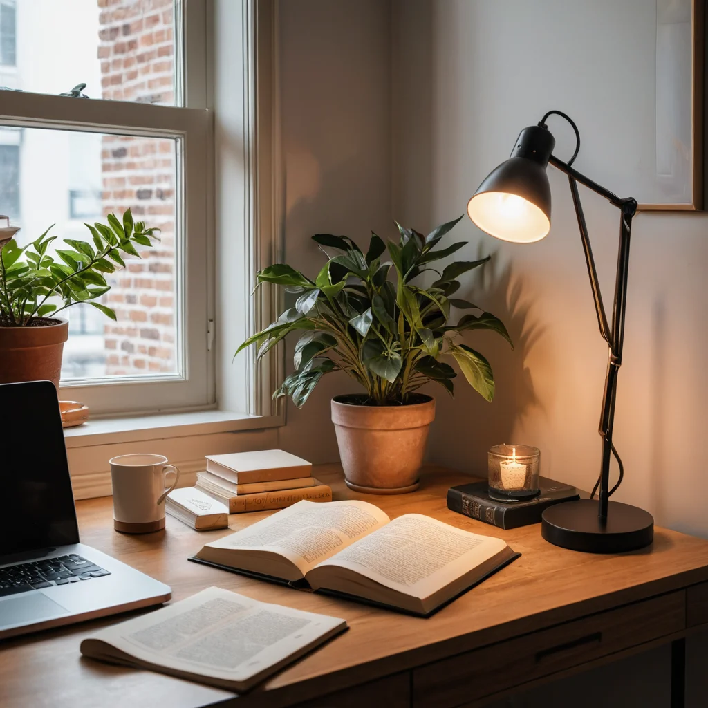 Минималистичный рабочий стол с элементами организованного хаоса: разбросанные книги, одинокая лампа, одно растение, смещенное от центра, создающее интеллектуальную атмосферу.