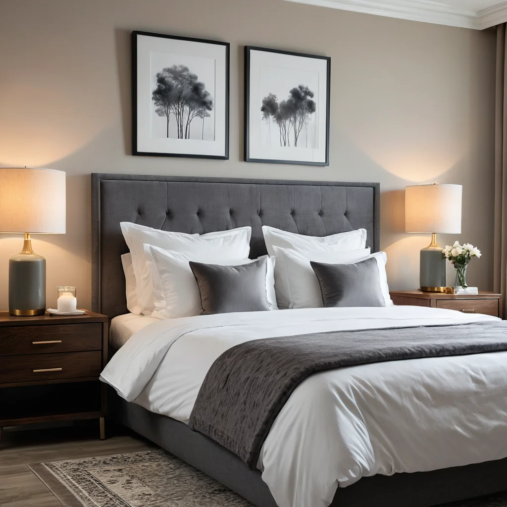 Элегантная спальня с четкой симметрией: две одинаковые прикроватные тумбочки с лампами, кровать по центру, картина над изголовьем, создающая атмосферу роскошного отеля.