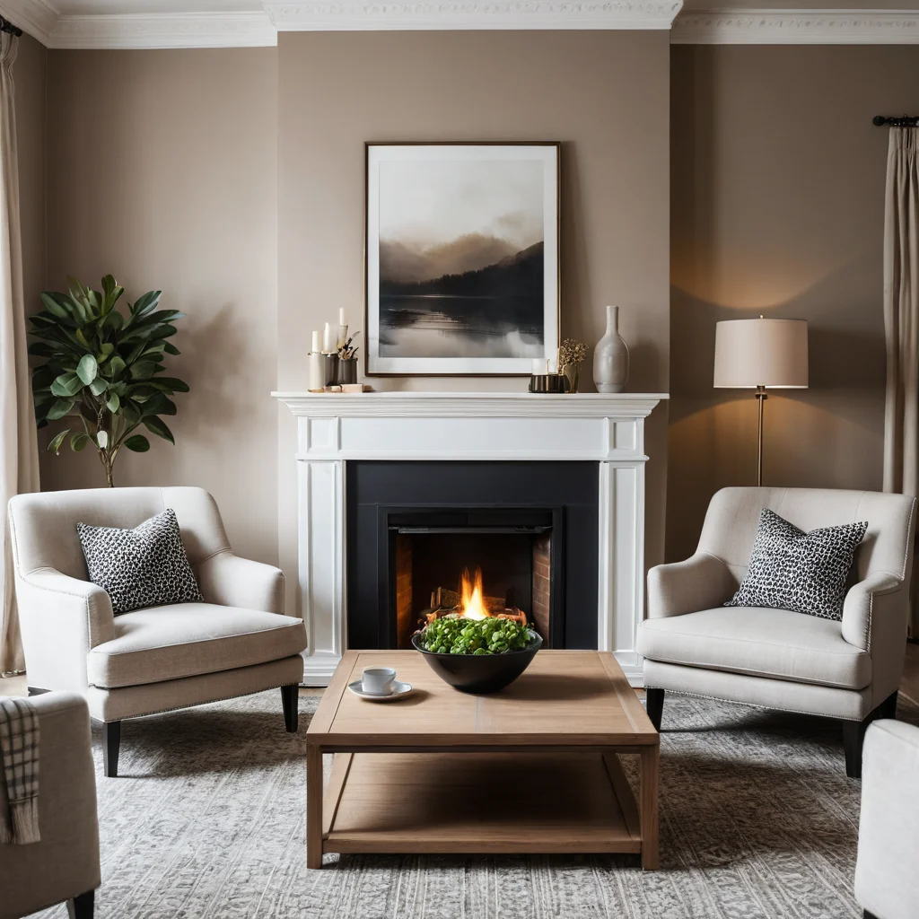 Просторная гостиная с идеально симметричной расстановкой мебели: два одинаковых кресла друг напротив друга, журнальный столик, мягкое освещение, создающее уютную атмосферу, в стиле журнала об интерьерах.